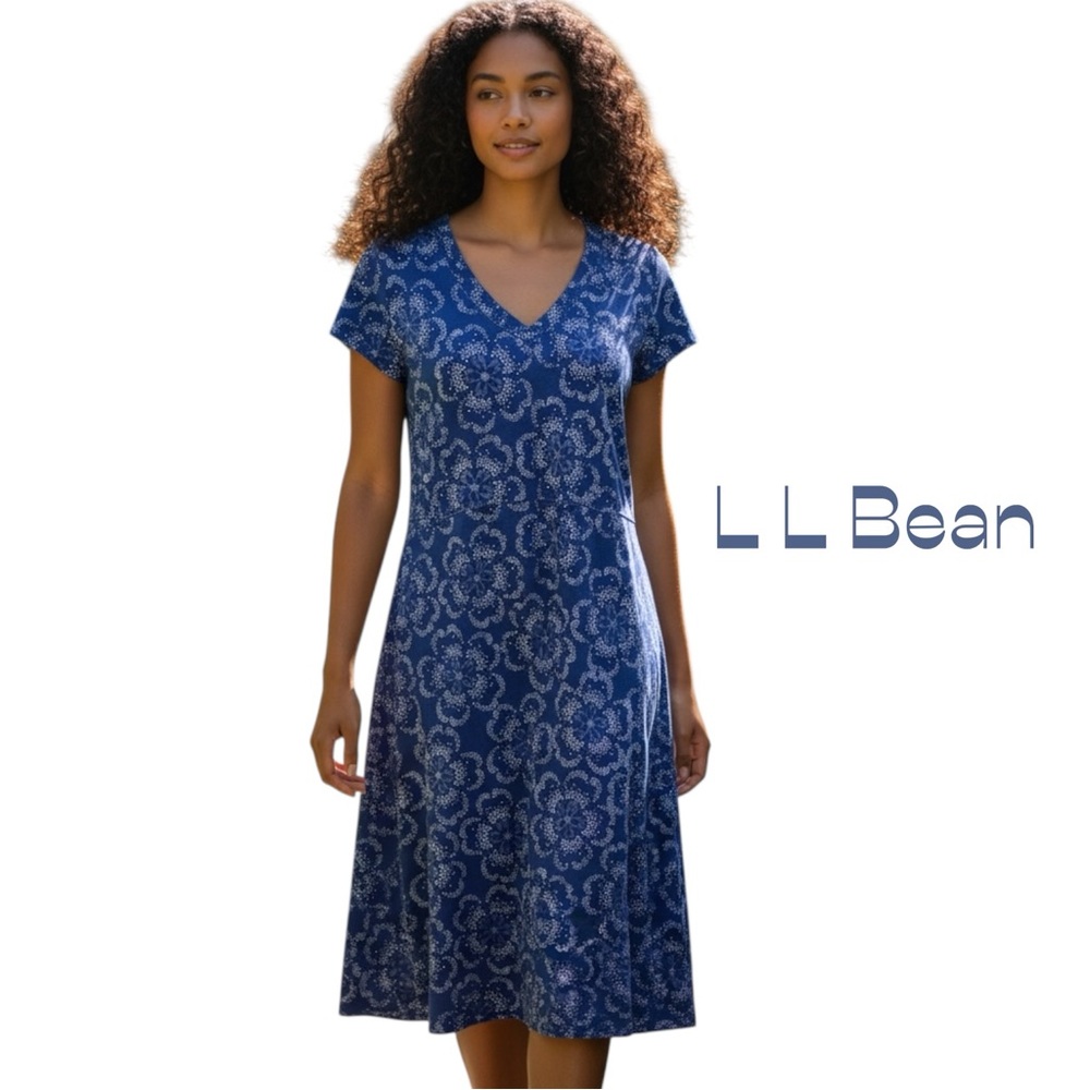 L.L. Bean Blue Floral V-Neck Short Sleeve Midi Dress